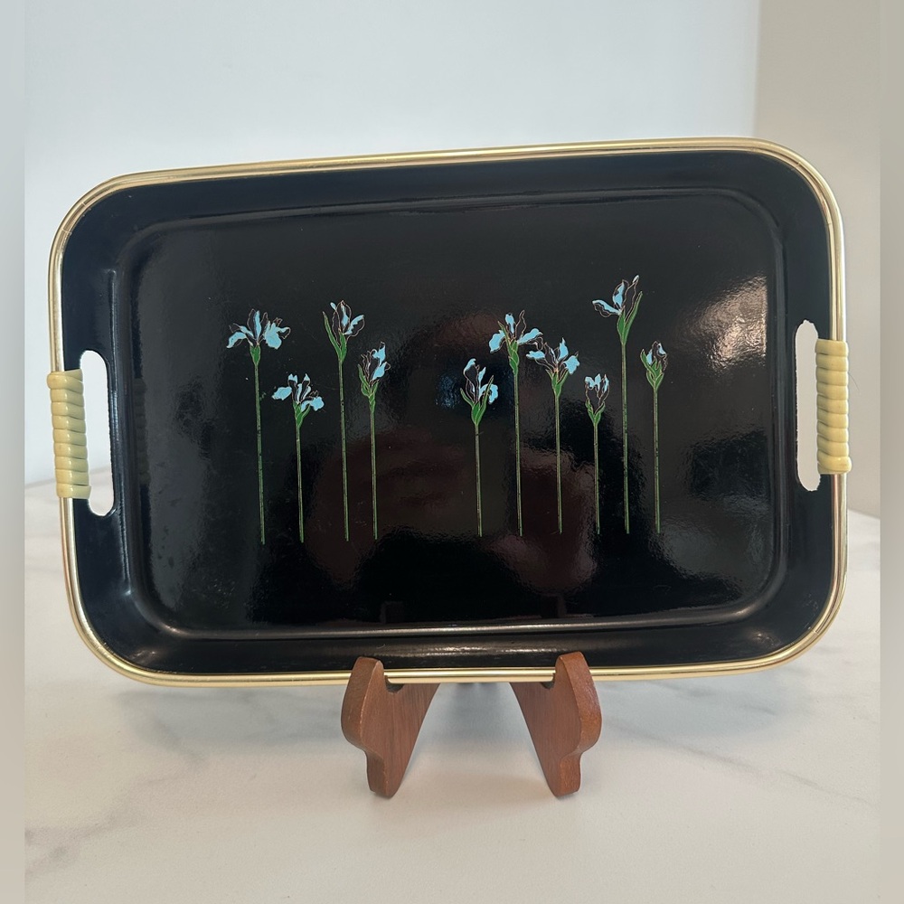 Elegant Vintage MCM Japanese Black Lacquer Blue Floral Serving Tray w/ Gold Trim